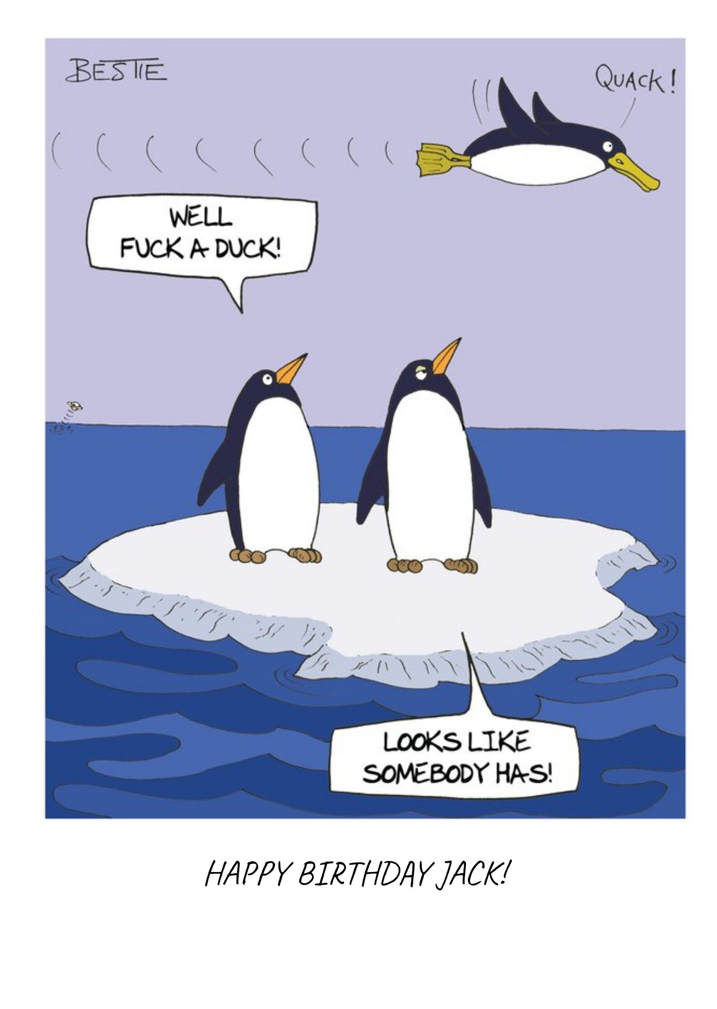 Moonpig Rude Duck Joke Cartoon Penguins Personalised Happy Birthday Card