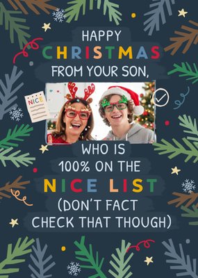 100% On The Nice List Photo Upload From Your Son Christmas Card