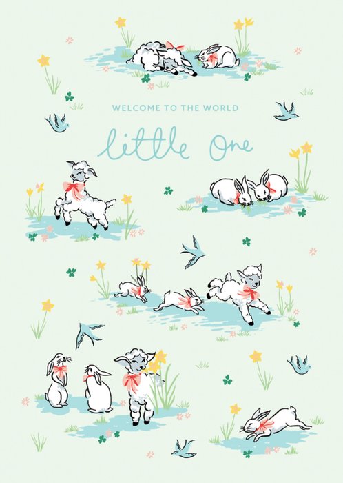 Cath Kidston Welcome To The World Little One Illustrated Lambs And Rabbits New Baby Card 