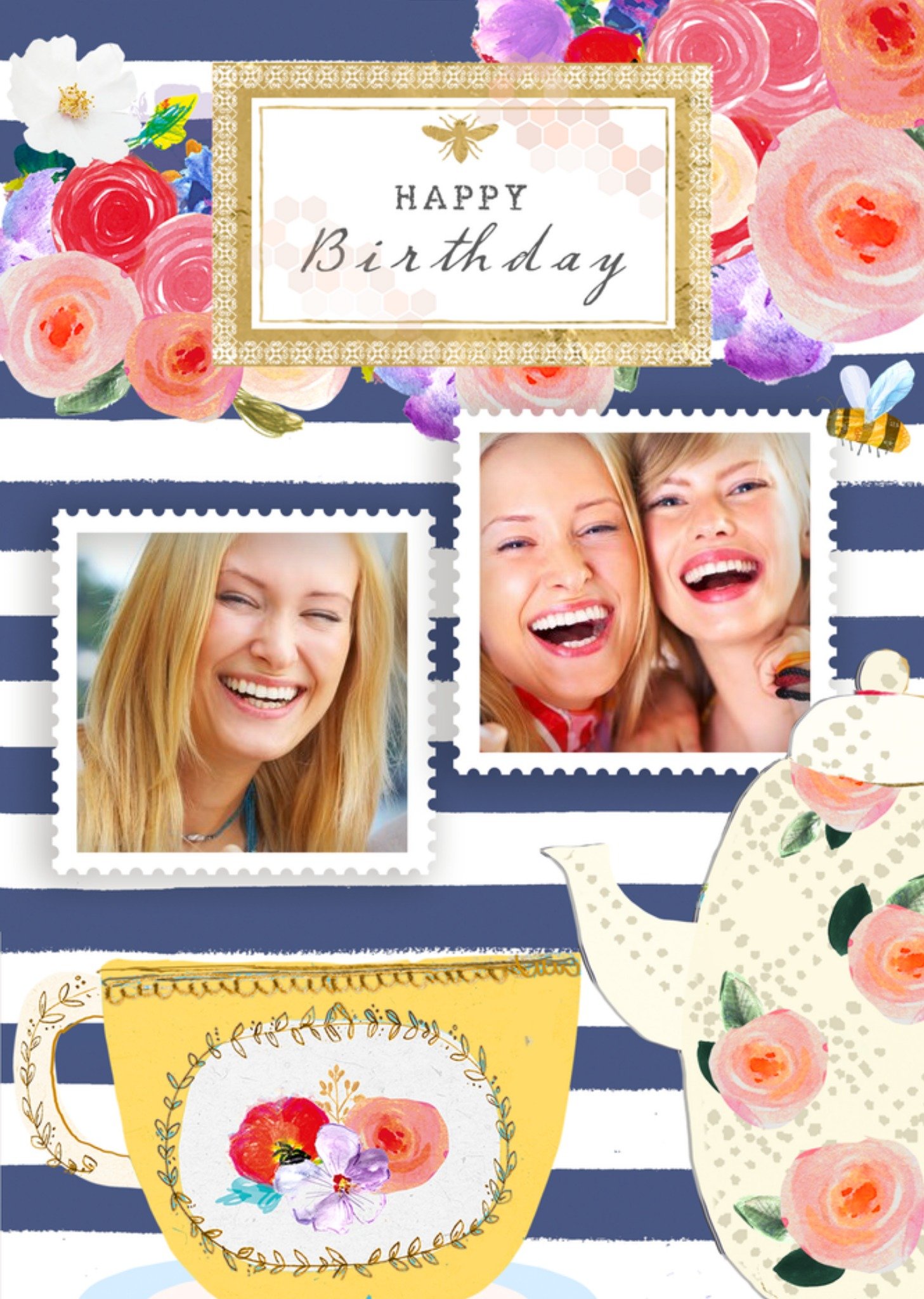 Moonpig Cup Of Tea And Teapot Stripes Personalised Photo Upload Happy Birthday Card