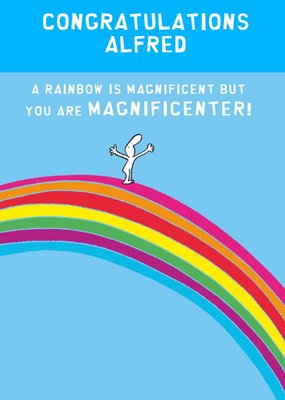 Illustration Of A Character On Top Of A Rainbow Personalised Congratulations Card