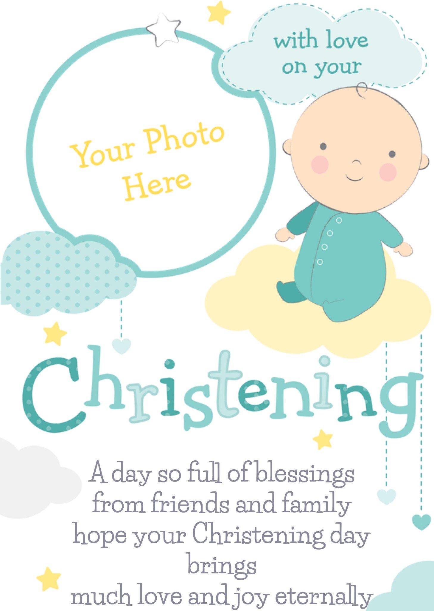 Moonpig Baby And Clouds With Love Personalised Photo Upload Christening Card