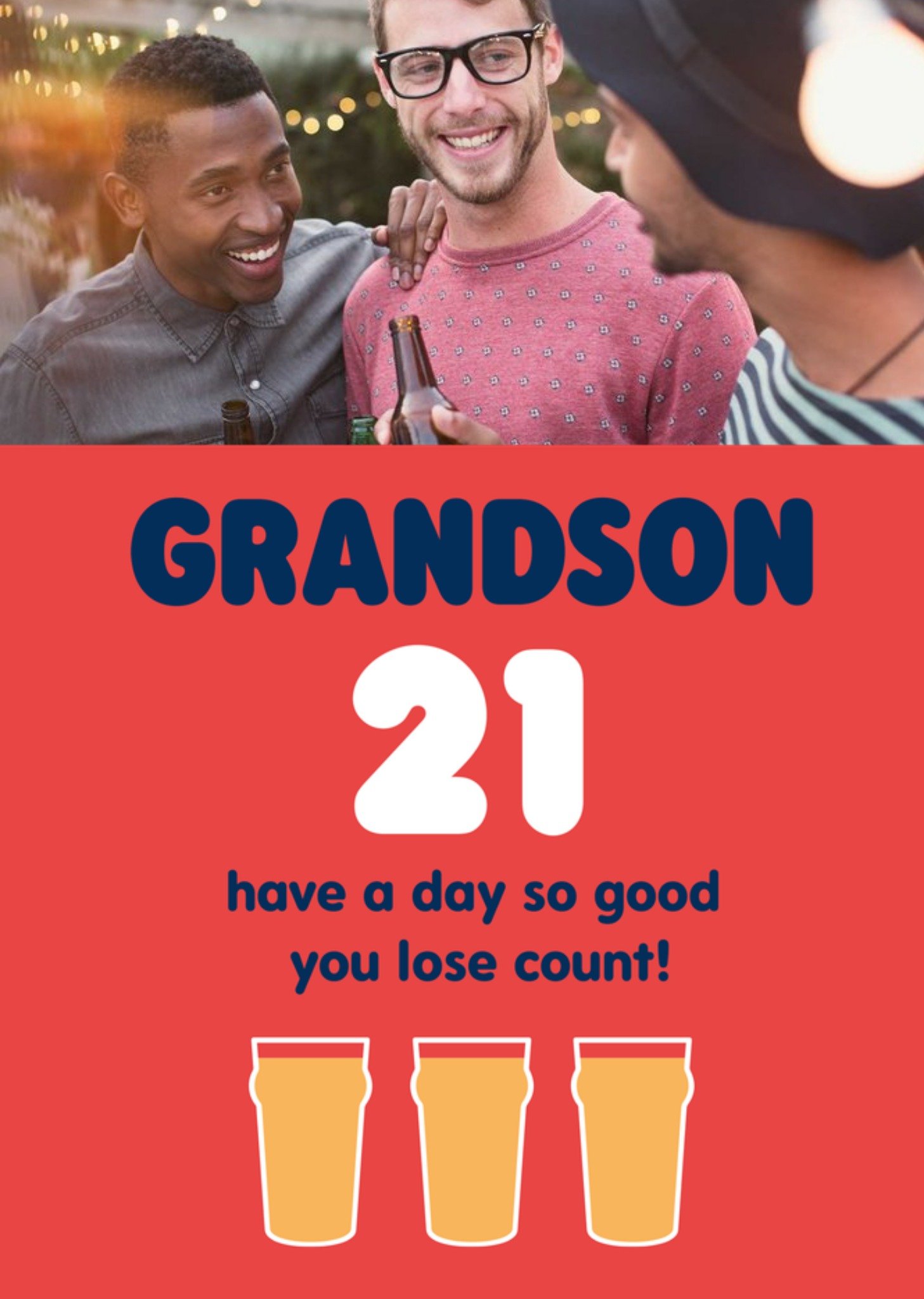 Moonpig Illustration Of Three Beers Grandson's Photo Upload Twenty First Birthday Card