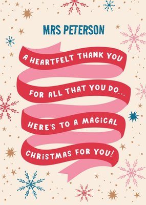 Poetry On A Red Ribbon Surrounded By Snowflakes And Stars Thank You Christmas Card