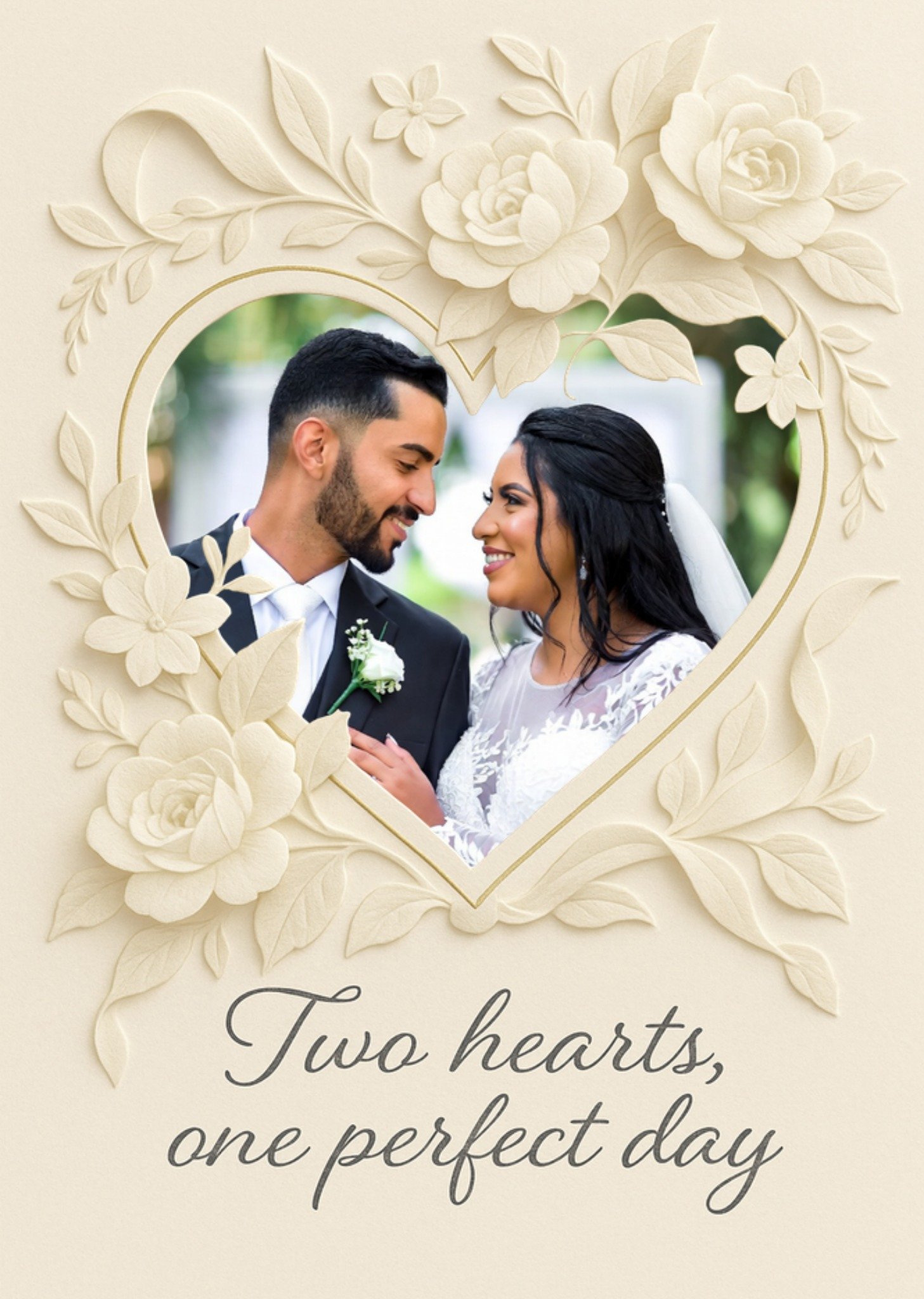 Moonpig Two Hearts One Perfect Day Floral Heart Photo Upload Wedding Card