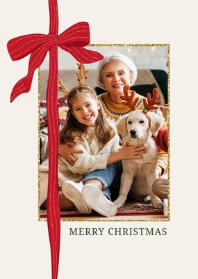 Merry Christmas Photo Upload With Illustrated Bow Card