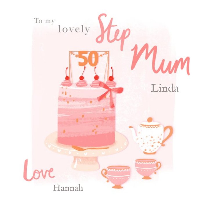 Illustrated Pink Step Mum 50th Birthday Card