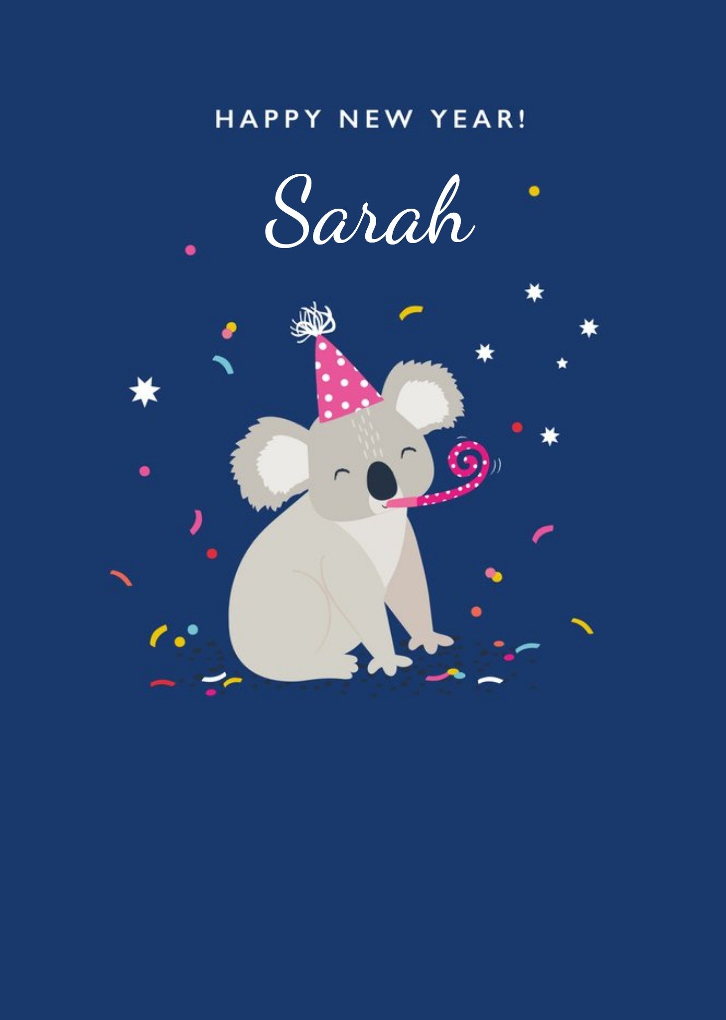 Moonpig Cute Illustration Of A Koala Surrounded By Confetti On A Blue Background Happy New Year Card