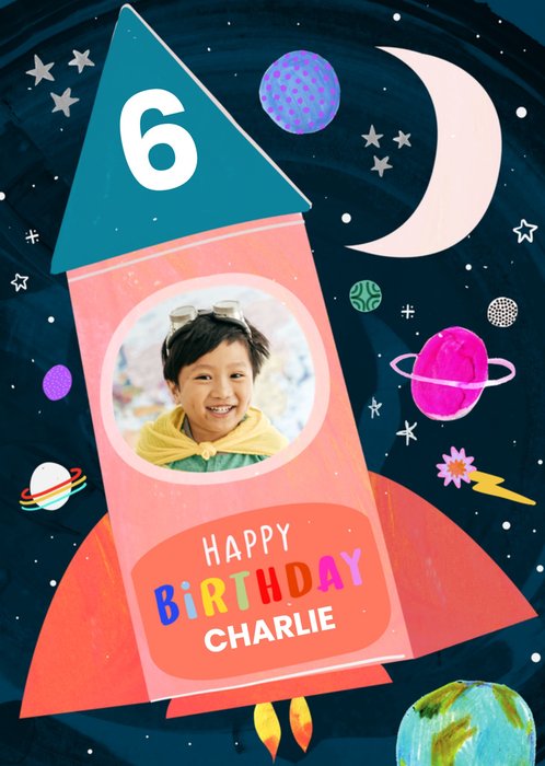 Fun Katt Jones Illustrated Rocket Space Scene With Planets And Stars Photo Upload Birthday Card