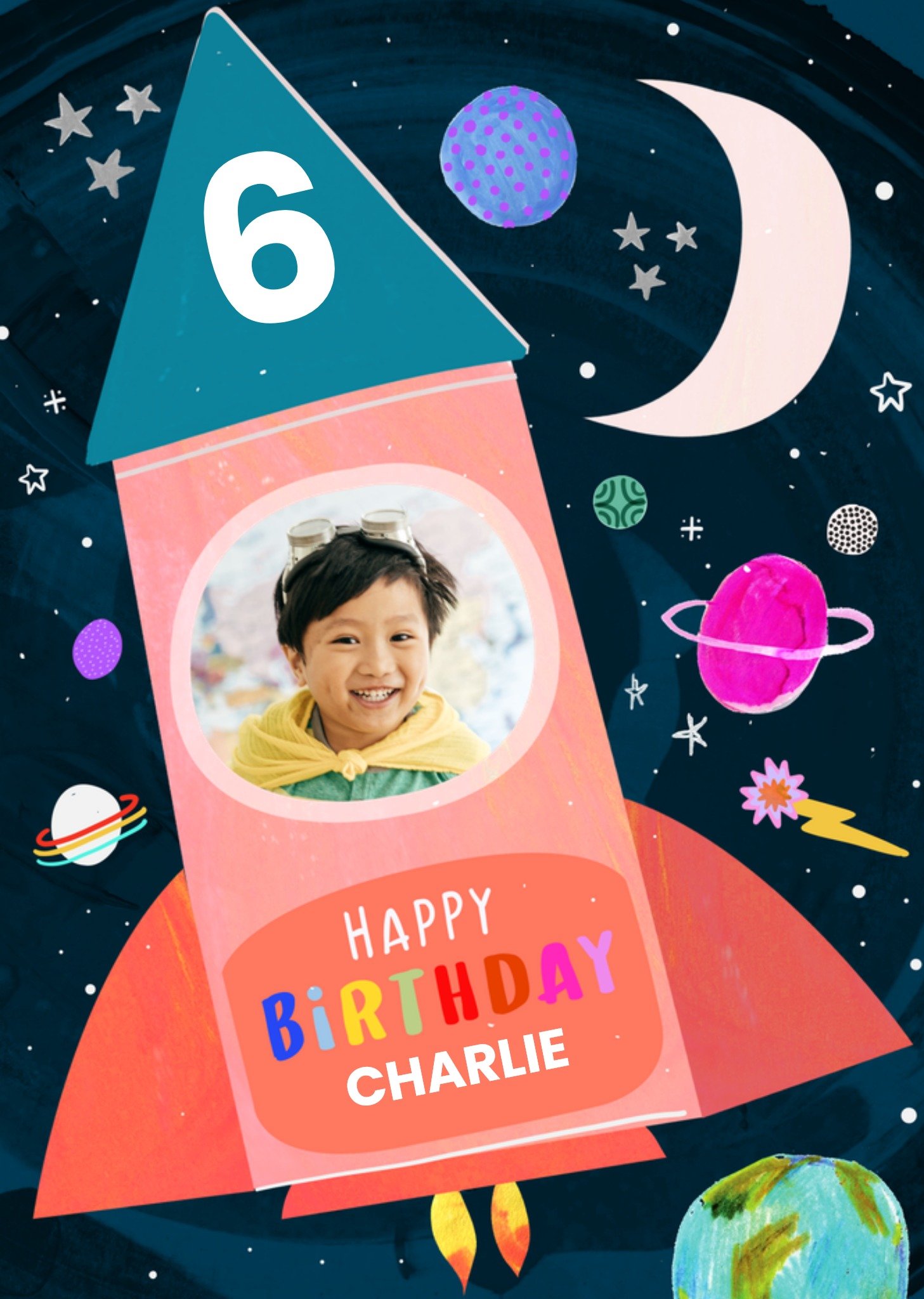 Moonpig Fun Katt Jones Illustrated Rocket Space Scene With Planets And Stars Photo Upload Birthday C