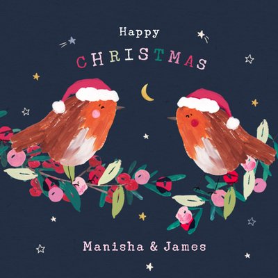 Illustrated Robins Happy Christmas Card 