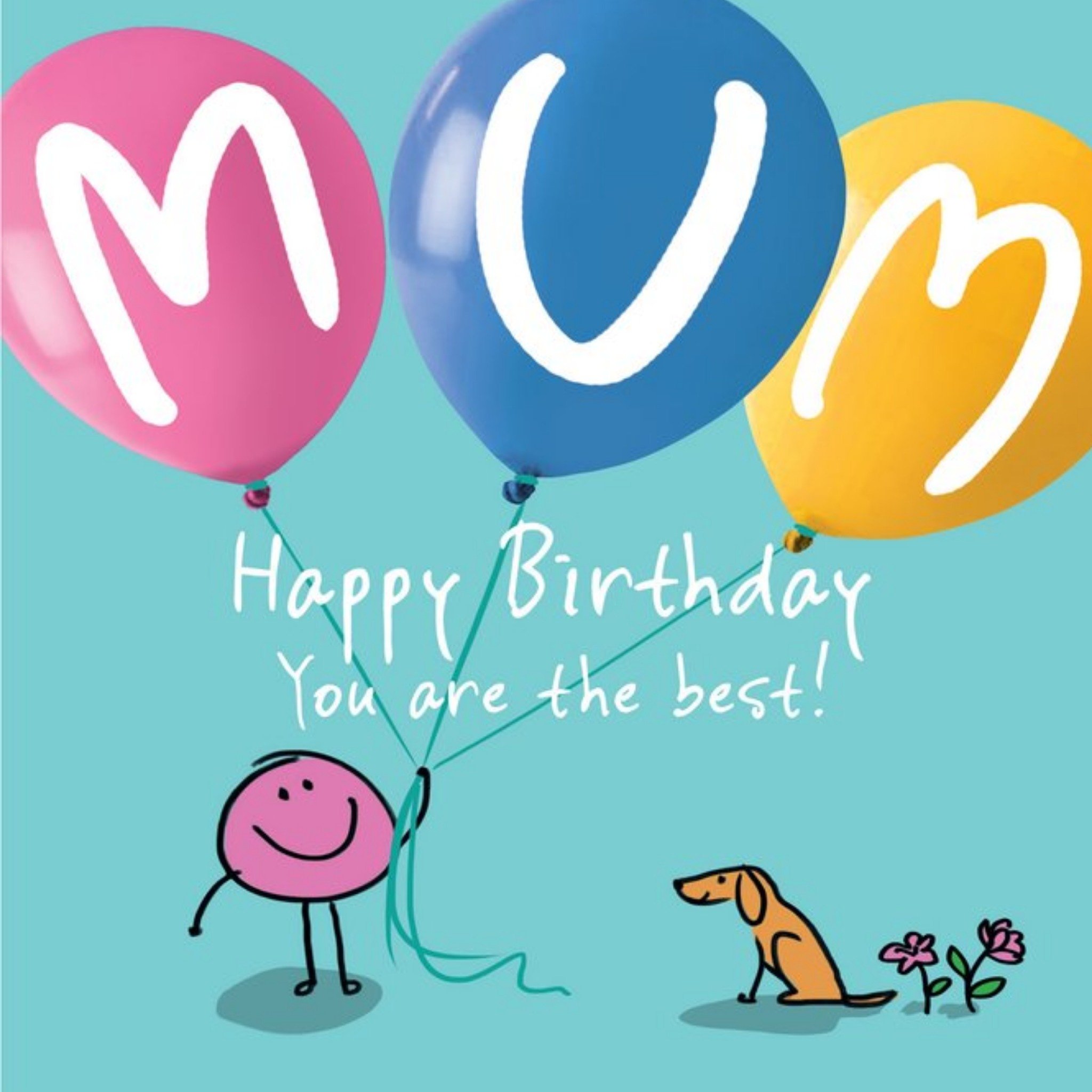 Moonpig Illustration Of A Cute Character Holding Balloons With Handwritten Typography Mum's Birthday
