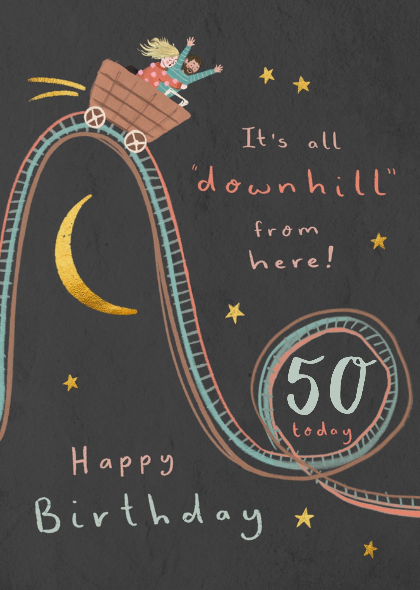 Moonpig It's All Downhill From Here Illustrated 50th Birthday Card