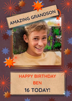 Illustrated Stars Amazing Grandson Photo upload Birthday Card