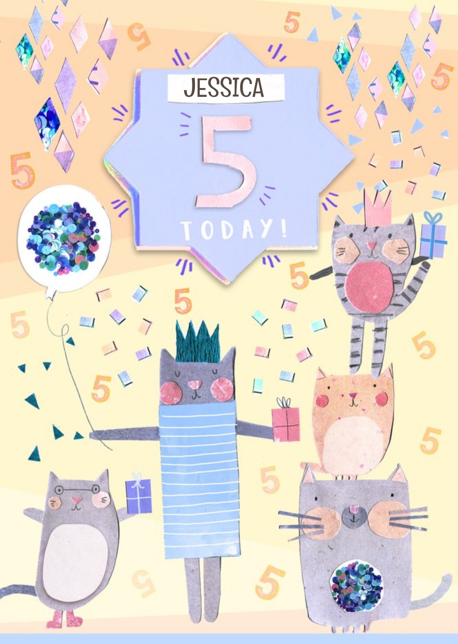 Moonpig Pastel Cats And Balloon Personalised Happy 5th Birthday Card