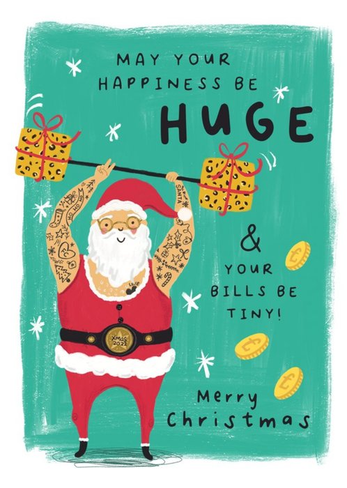 Funny Tattooed Weightlifting Strong Man Santa Christmas Card