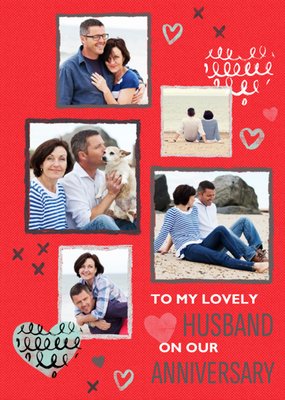 Red And Grey Squiggles Personalised Photo Upload Happy Anniversary Card For Husband