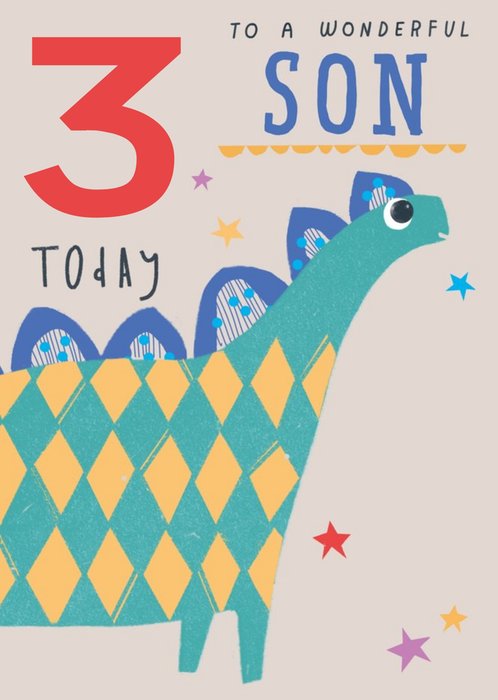 Bright fun Illustration Of A Dinosaur To A Wonderful Son 3rd Birthday Card