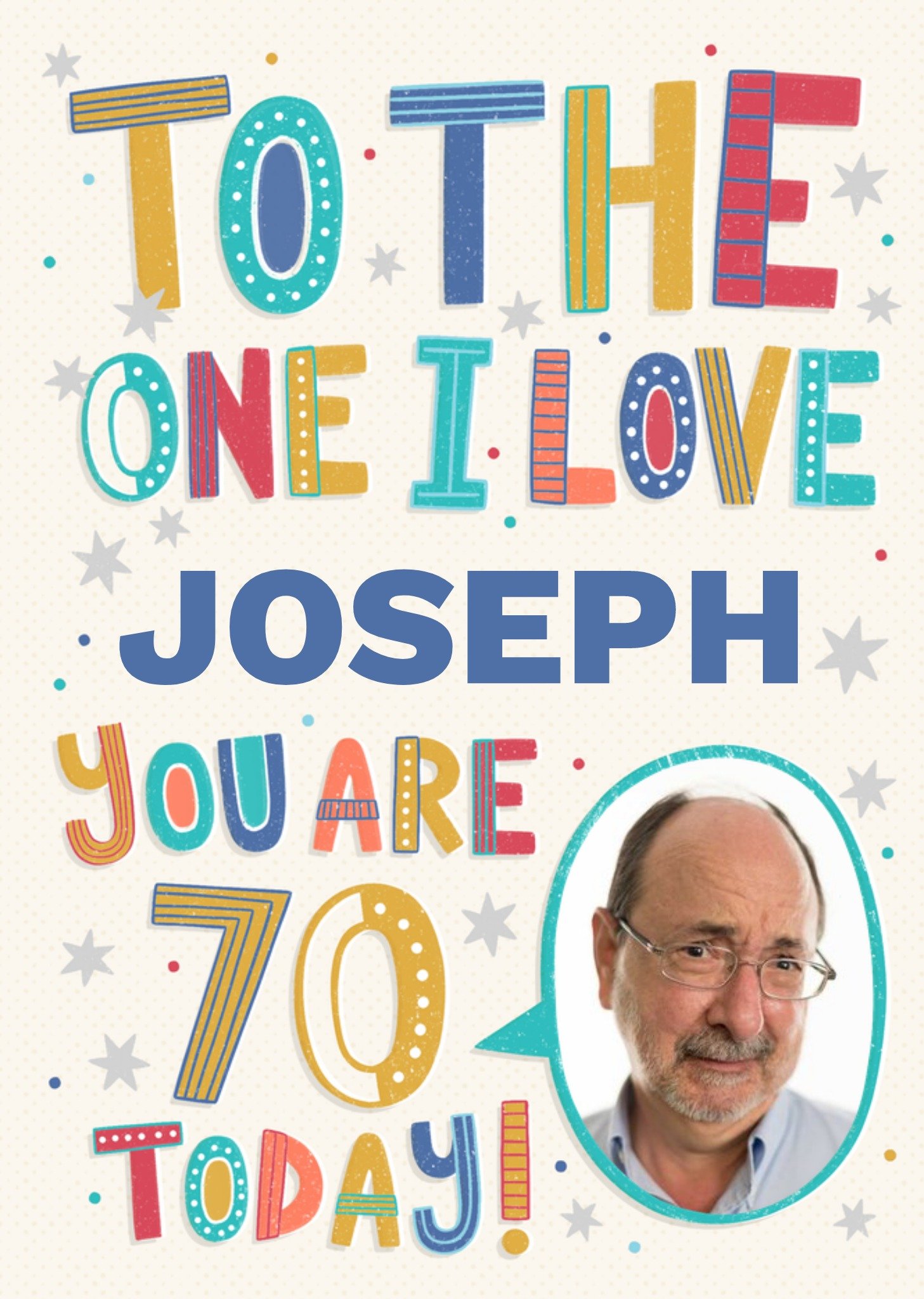 Moonpig Fun And Colourful Typography With An Oval Photo Upload Seventieth Birthday Card