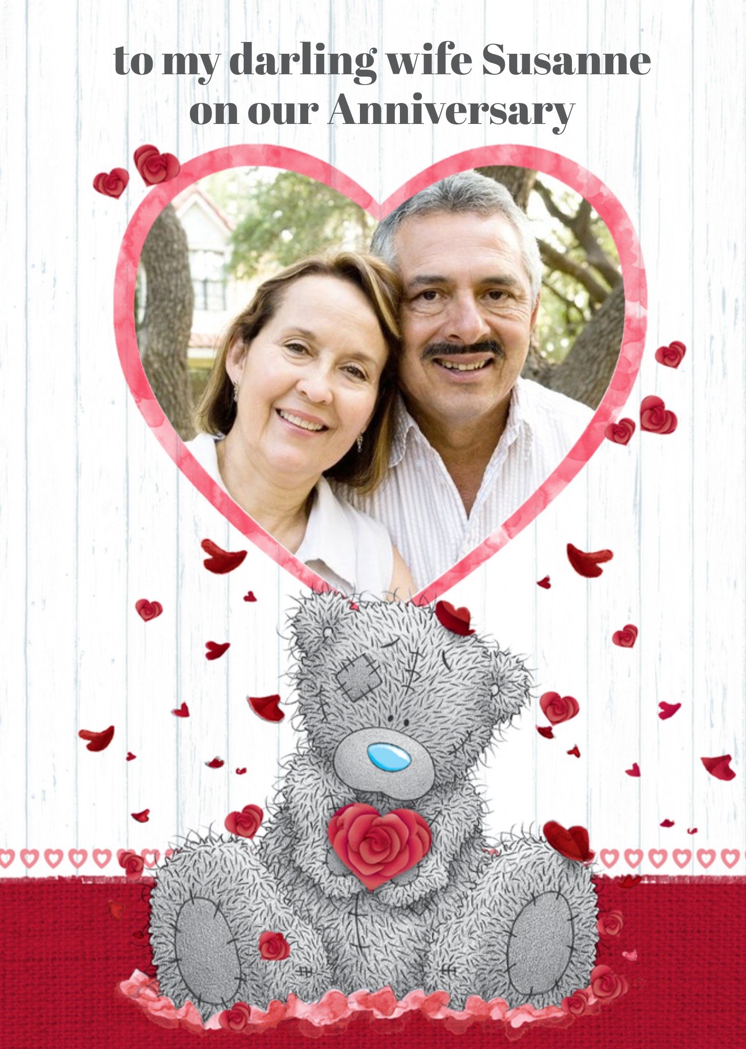 Me To You Tatty Teddy With Rose And Heart Frame Personalised Photo Upload Anniversary Card For Wife