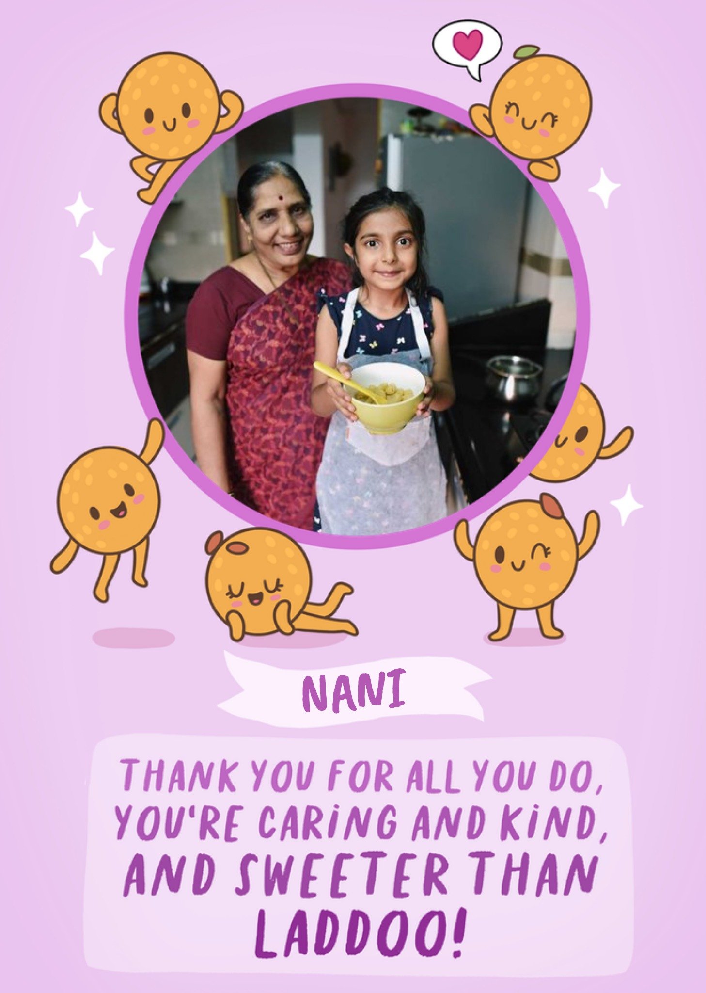 Moonpig Illustration Of Laddoo Characters Thank You Nani Photo Upload Card