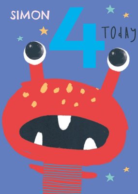 Cute Simple Illustration Of A Little Red Alien Happy 4th Birthday Card