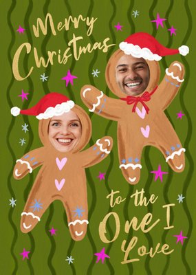 Merry Christmas To The One I Love Illustrated Gingerbread Couple Face In Hole Photo Upload Card