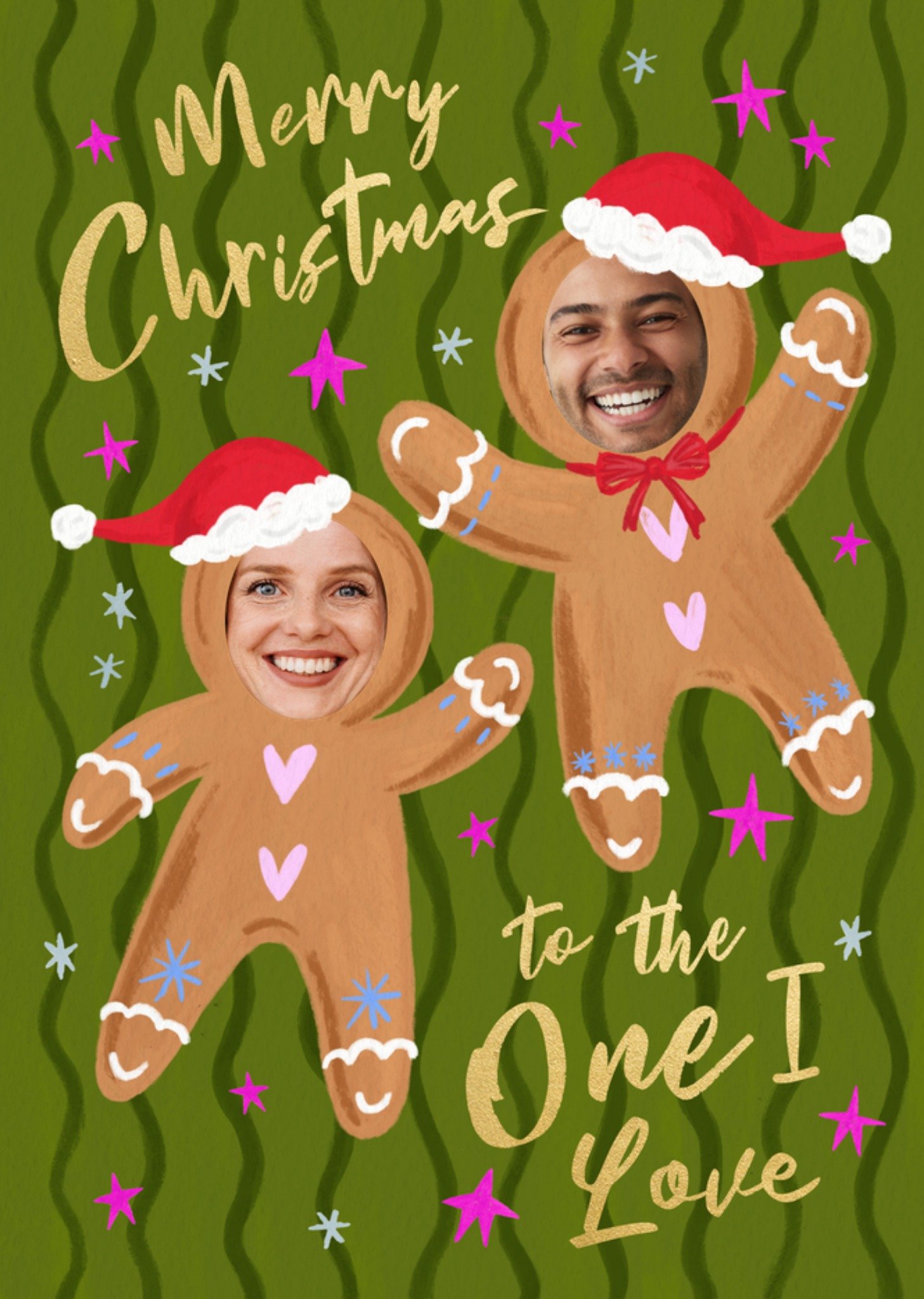 Moonpig Merry Christmas To The One I Love Illustrated Gingerbread Couple Face In Hole Photo Upload C
