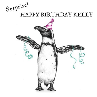 Illustrated Penguin Surprise Birthday Card