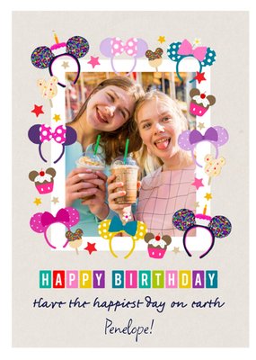 Mickey And Minnie Mouse Ears And Treats Photo Upload Birthday Card