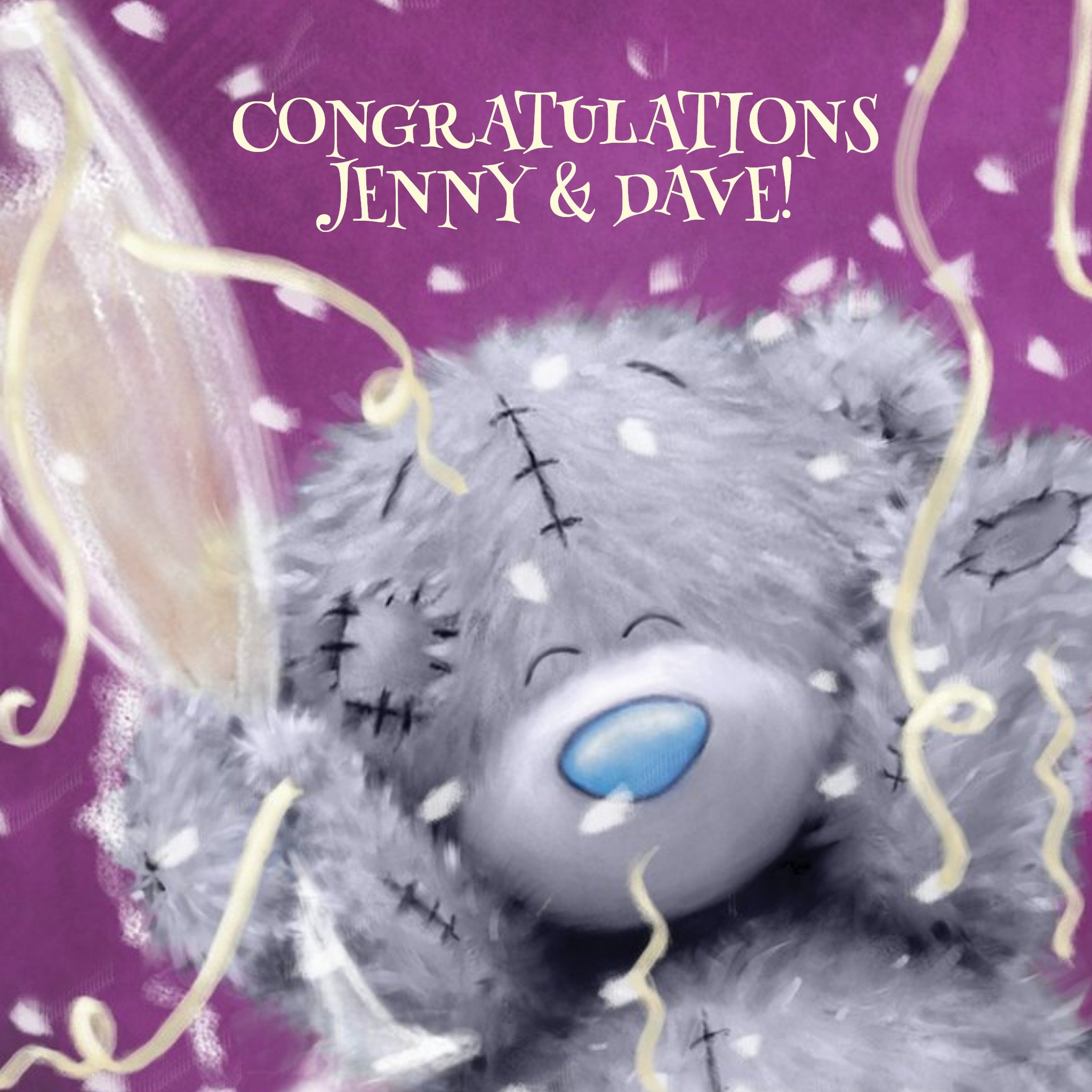 Me To You Tatty Teddy Purple Streamers Personalised Congratulations Card