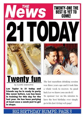 Newspaper Headline Twenty Fun Personalised 21st Birthday Card