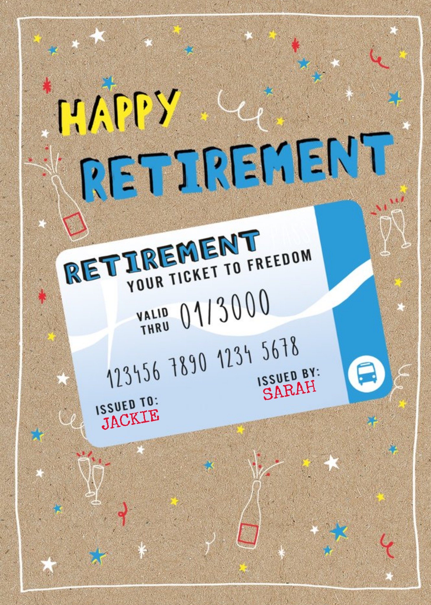 Moonpig Illustration Of A Bus Pass Ticket Happy Retirement Card