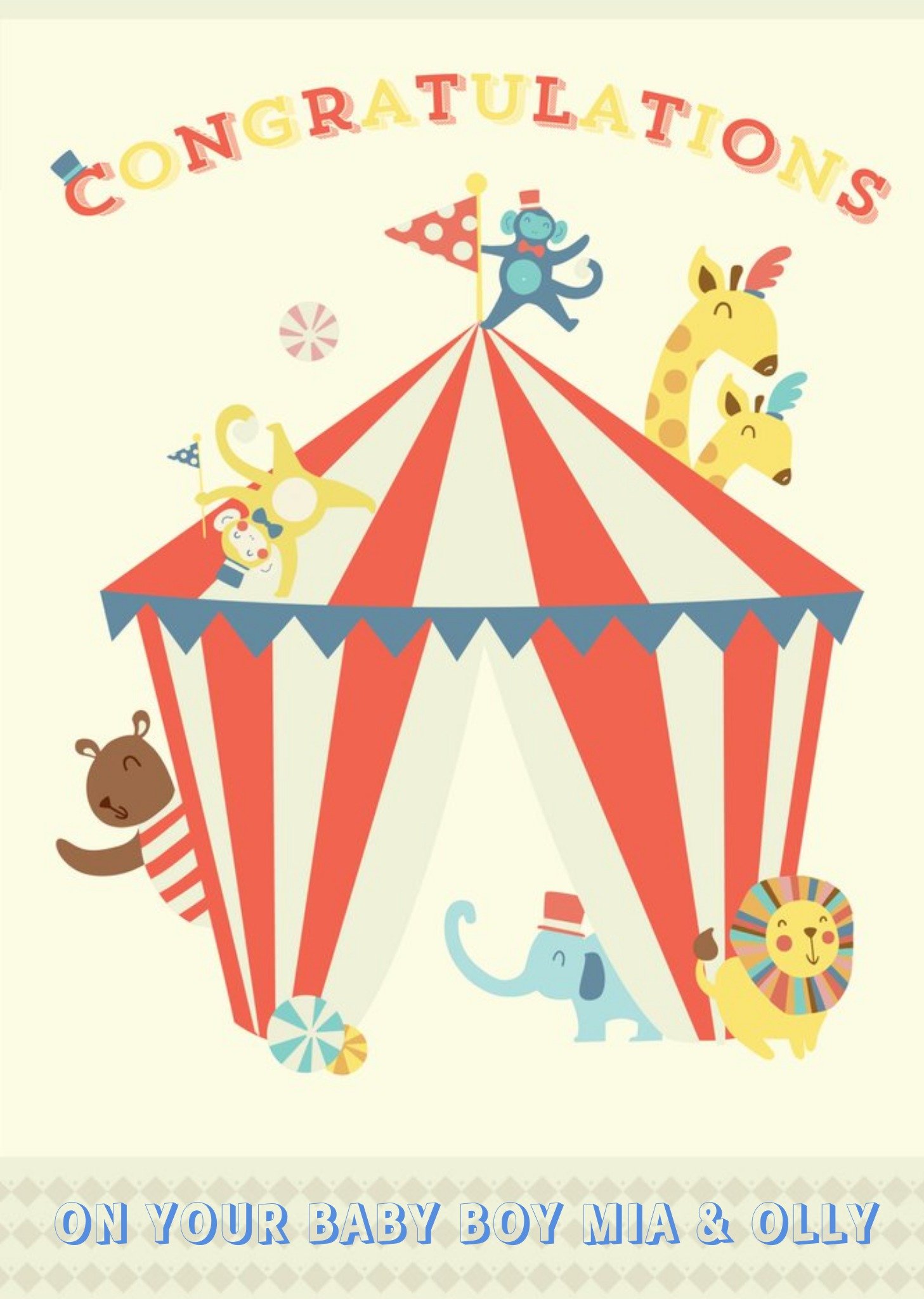 Moonpig Personalised Cartoon Circus New Baby Card