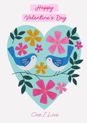 Vibrant Sweet Illustrated Love Birds And Flowers Valentine's Day Card