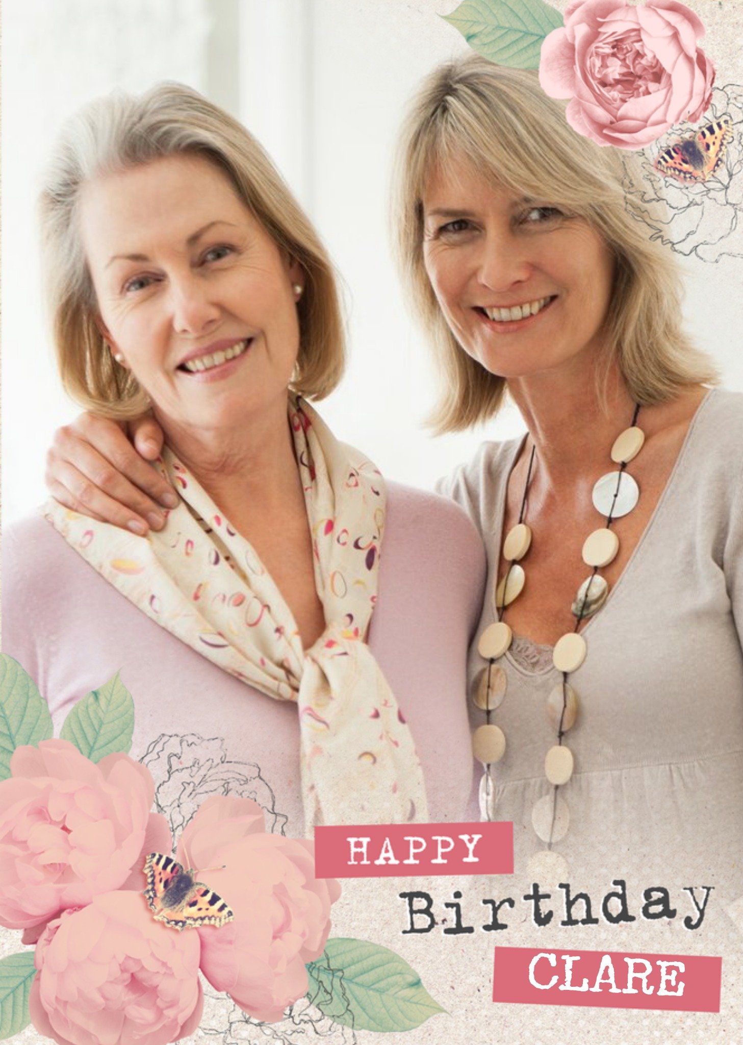 Moonpig Pink Roses And Butterflies Personalised Photo Upload Happy Birthday Card For Mum