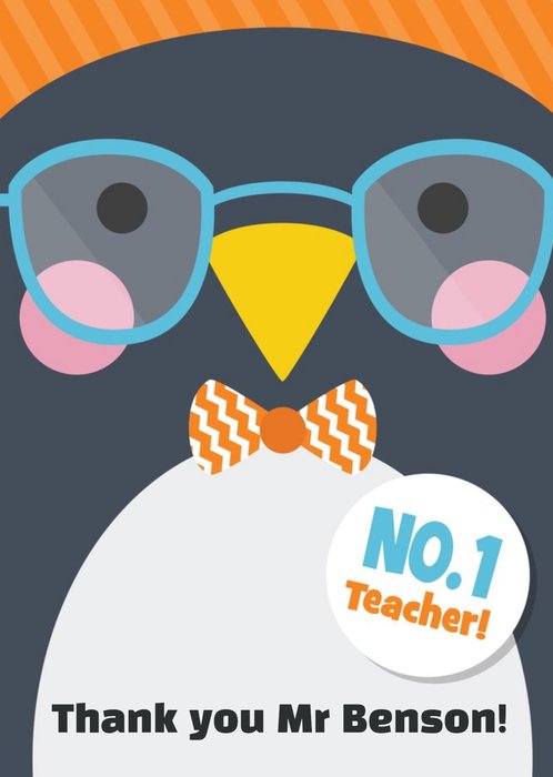 Cartoon Penguin With Glasses Personalised Thank You Teacher Card