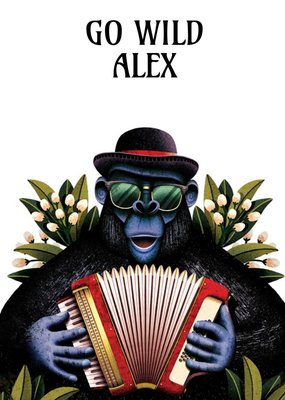 Illustration Of A Gorilla In Shades And A Bowler Hat Playing An Accordion Personalised Birthday Card