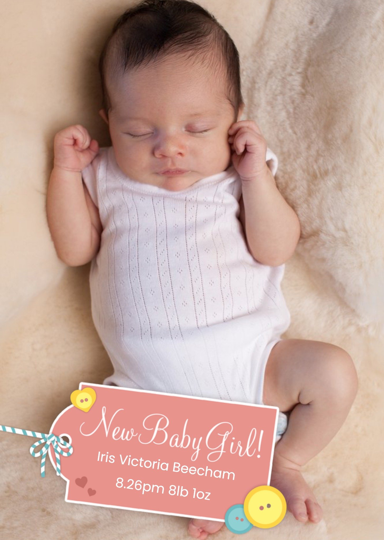 Moonpig Coral Tag Personalised Photo Upload New Baby Girl Card