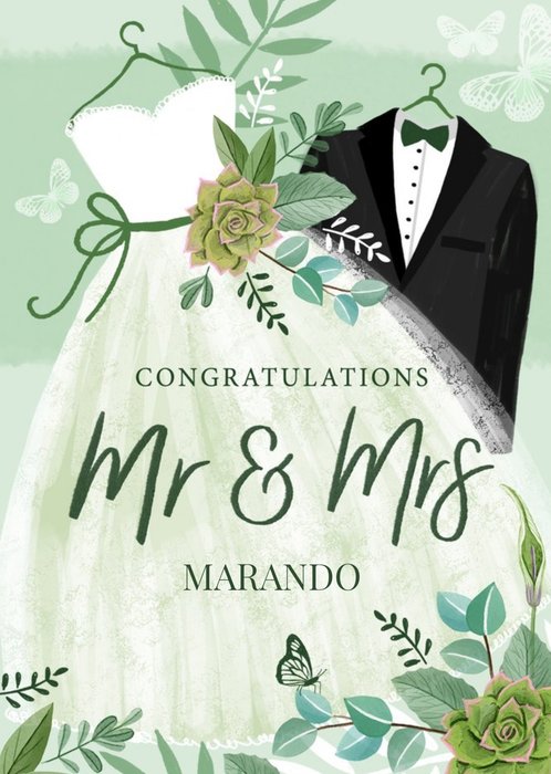 Illustrated Wedding Dress Wedding Suit Floral Mr And Mrs Wedding Card