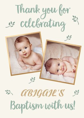 Typographic Photo Upload Green and Gold Baptism Card