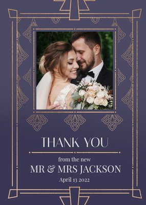 Art Deco Geometric Pattern Photo Upload Wedding Thank You Card