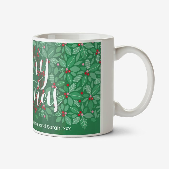 Merry Christmas Green Holly Personalised Text Mug