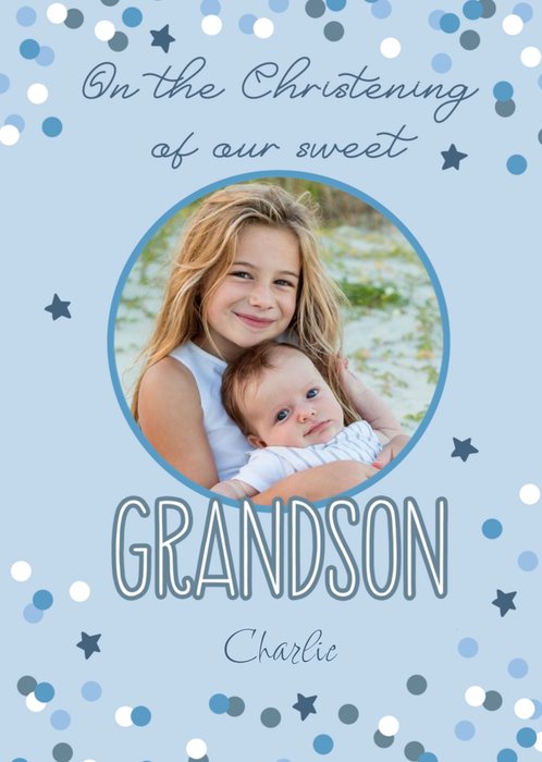 Colourful Confetti Surrounds Circular Photo Upload Grandson Christening Card