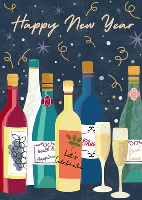 Happy New Year Illustrated Bottles Card