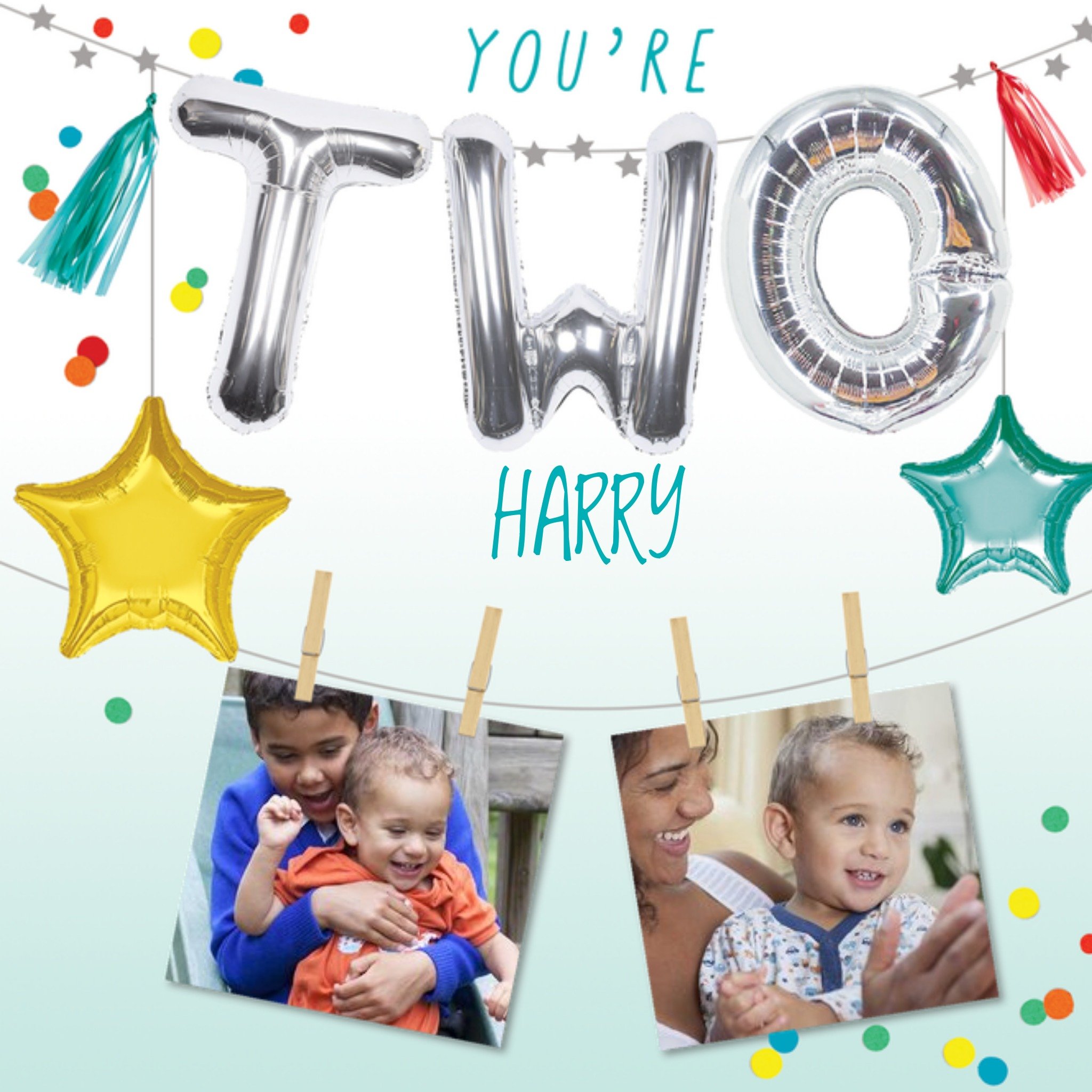Moonpig Party Themed Display Of Letter And Star Balloons With Two Photo Uploads 2nd Birthday Card