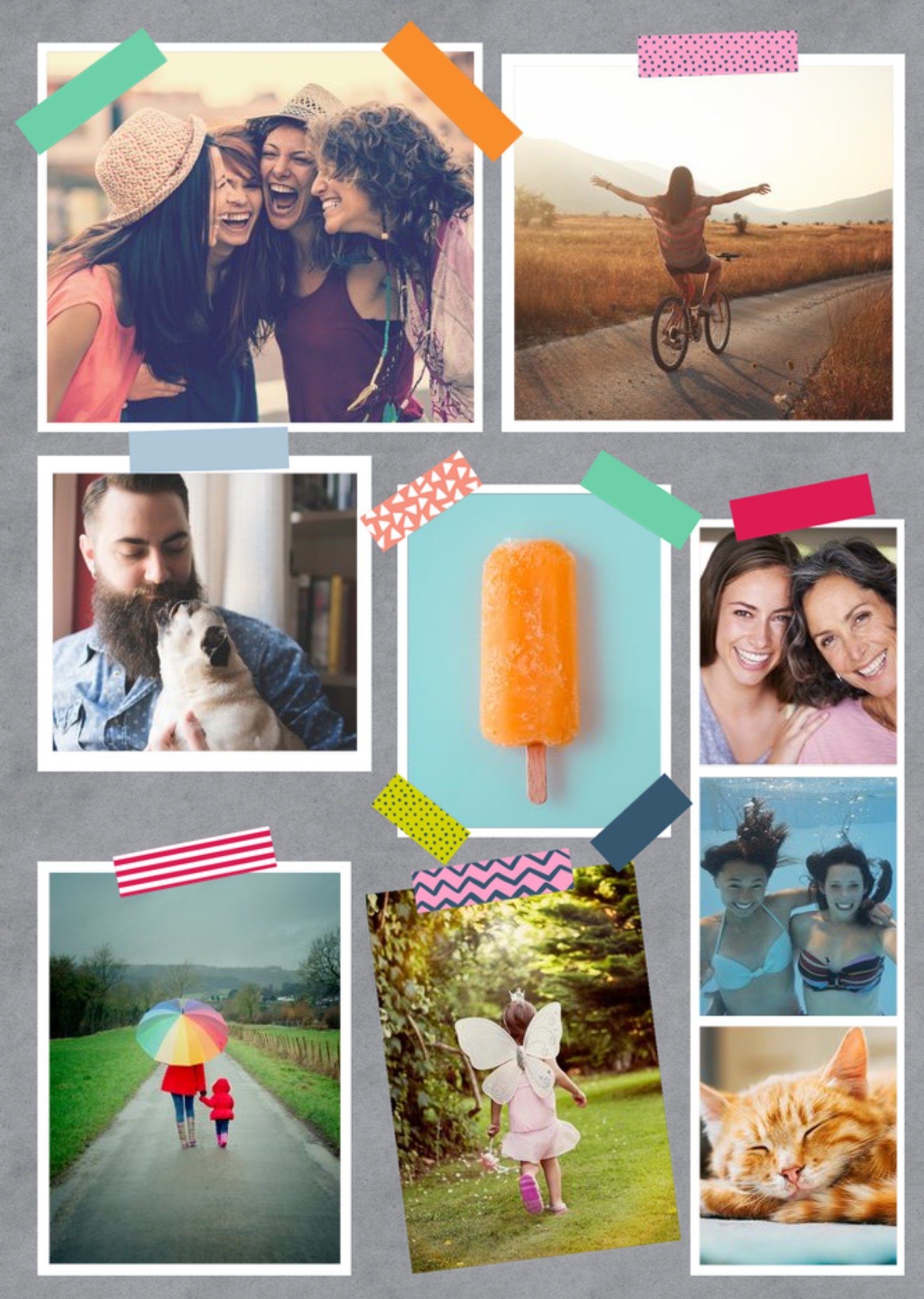 Moonpig Grey Background Multi Photo With Colourful Tape Personalised Card