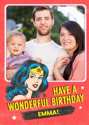 Retro Superhero Wonder Woman wonderful birthday Photo Upload card