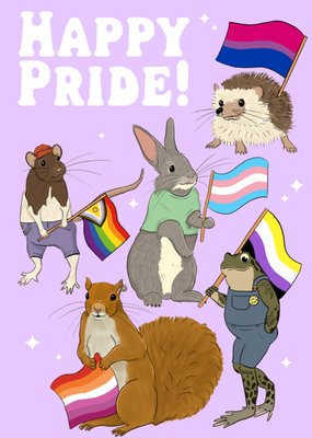 Cute Animals Holding Flags Happy Pride Card