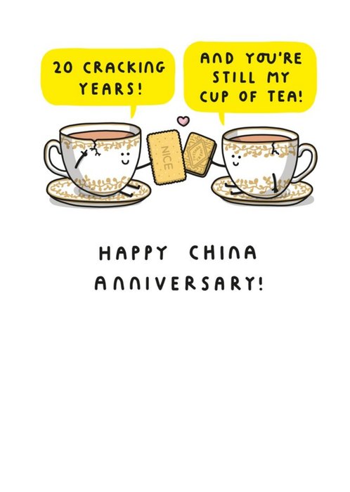 Two Tea Cups Toasting With Biscuits Cartoon Illustration Twentieth Anniversary Funny Pun Card